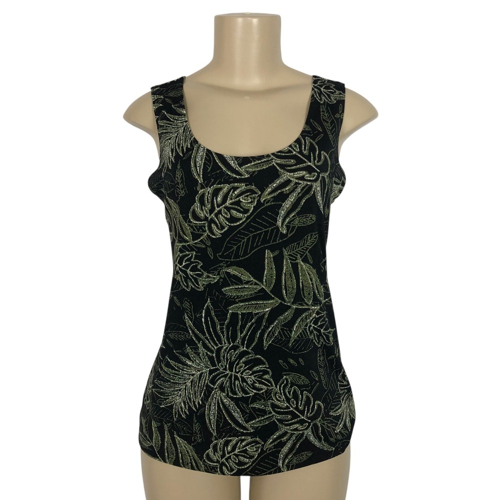 Chicos Green Tropical Monstera Leaf Print Tank Top Large Beach Travel Vacation